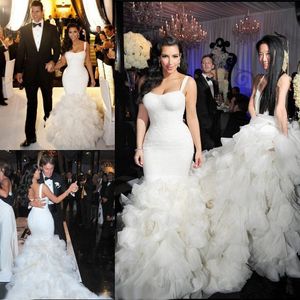 Wholesale kardashian wedding resale online - Kim Kardashian luxury Cascading Ruffles Mermaid Wedding Dresses Contoured Lace Plus Size Church Princess Fishtail Wedding Gown