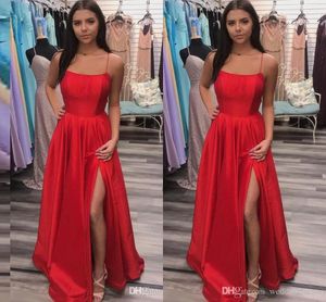 Seksi Ucuz Basit Kırmızı Bir Çizgi Prom Elbiseler Spagetti kayışları Kat uzunluğu yüksek yan bölünmüş saten resmi elbise gece elbiseleri vestidos de fiesta
