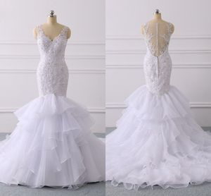 2019 Real Image Ruffles Bröllopsklänningar Mermaid Lace Pearls Beaded Sequin V-Neck Knappad Zipper Bridal Gowns Bröllopsklänning Plus Storleksanpassad