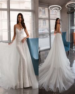 Mermaid Wedding Dresses With Detachable Train Spaghetti Strap Appliques Lace Beaded Sequins Bridal Gown Sexy Backless Vestidos De Novia