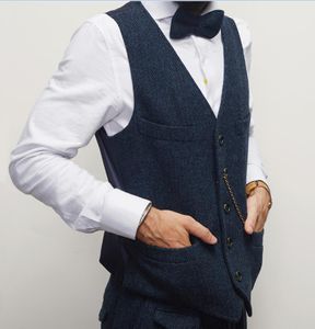 Blue Herringbone Groom Vests With Chains Single breasted Bridegroom Vest Wool Slim Fit Two Pockets Best Man Waistcoat For Wedding