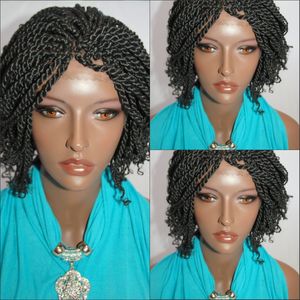 Svart färg syntetisk hårlåda flätad spets fram peruk syntetisk värmebeständigt hår kinky twist spets peruk för svarta kvinnor