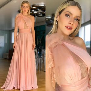 2020 Arabic Pink Lace Cheap Bridesmaid Dresses One Shoulder A-line Chiffon Guests Dresses Elegant Formal Party Evening Gowns