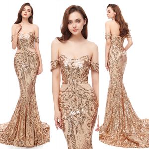 Sexy Bling Champagne Sequined Prom Dresses Off Shoulder Lace Open Back Mermaid Sweep Train Cheap Price Formal Party Dress Evening Gowns Wear