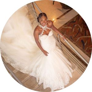 African Aso Ebi Mermaid Wedding Dresses With Long Train robe de mariee Appliques Lace Beaded Bridal Dress Sexy Back Plus Size Wedding Gowns