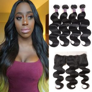 Ishow 13*4 Lace Frontal With 4 PCS Peruvian Hair Extensions Brazilian Virgin Human Hair Bundles with Closure Body Wave for Women Girls All Ages 8-28inch Natural Black