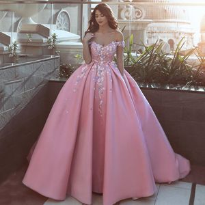 Pink Plus Size Off Shoulder Wedding Dresses 3D Flowers Ball Gown Puffy Satin Bridal Gowns Custom Made High Quality