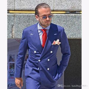 High Quality Double Breasted Blue Groom Tuxedos Groomsmen Peak Lapel Best Man Blazer Mens Wedding Suits (Jacket+Pants+Tie) D:33