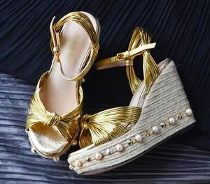 Hot Sale-2018 New Slope Sandals Female Strap High With Pearl Shoes Summer Wedges Women