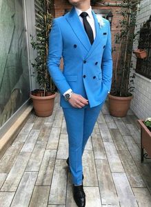 Mode dubbelbröst blå brudgum Tuxedos topp lapel män passar 2 bitar bröllop / prom / middag blazer (jacka + byxor + slips) w1049