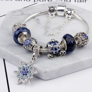 Pandor Frisado Charme Pulseiras Cristal Beads Strands Céu Azul Snowflake Carrinho Pendant Bangle Mulheres Presentes de Natal Jóias Para Meninas