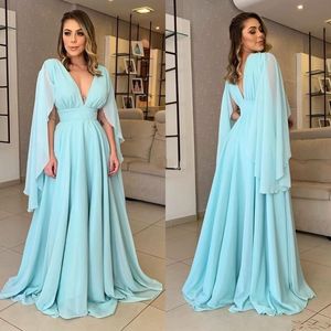 Arabia Formal Saudi Dubai Evening Dresses Long Cloak Sleeve Chiffon 2021 A Line Party Prom Gowns Sexy V Neck Special Ocn Dress AL6371 L6371