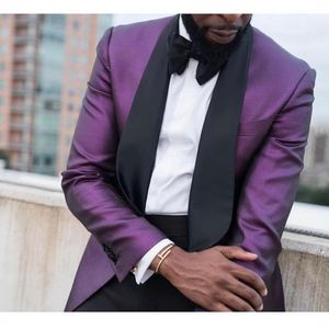 Przystojny Purpurowy Groom Tuxedos Czarny Lapel Groomsmen Ślub Smokingi Popularni Mężczyźni Formalna Prom Jacket Blazer Garnitur (Kurtka + Spodnie + Krawat) 1320