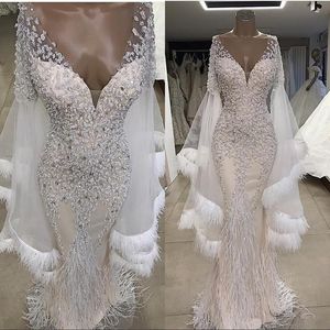 Beaded Mermaid Feather Dresses Sparkly V Neck Long Sleeves Bridal Gowns Plus Size Custom Made Wedding Dress