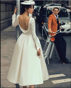 Vintage Tea length Satin Short Wedding Dresses With Long Sleeves Low Back 50S 60S Informal bridal Gowns Short Custom Made