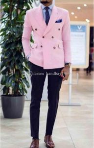 Classic Style Double-Breasted Pink Groom Tuxedos Peak Lapel Groomsmen Mens Suits Wedding/Prom/Dinner Blazer (Jacket+Pants+Tie) K449