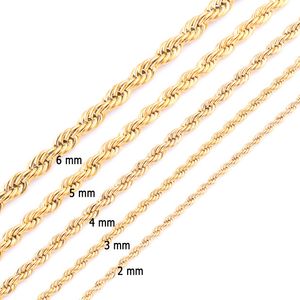 Högkvalitativ guldpläterad repkedja rostfritt stål halsband för kvinnor män gyllene mode vridna repkedjor smycken gåva 2 3 4 5 6 7mm