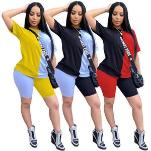 プラスサイズ2倍の女性サマージョガースーツスポーツ2ピースセット衣装半袖レターTシャツ+ショートパンツカジュアルパネルスポーツウェア3353