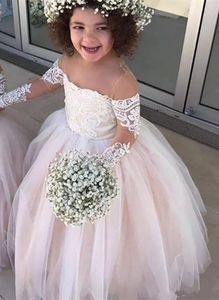 Ücretsiz Kargo Güzel Uzun Kollu Elbise Çiçek Kız Elbise Prenses Düğün Için Fildişi Dantel Kız Communion Elbise