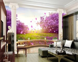 3D Ev Dekorasyon Duvar Kağıdı Avrupa Roma Sütun 3D Duvar Kağıdı Güzel Kiraz Çiçeği Özel Romantik Peyzaj İpek Mural Duvar Kağıdı