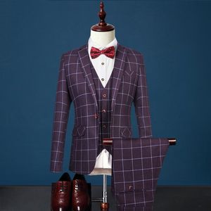 Classic Check Men's Wedding Tuxedos Notched Lapel Groom Wear Suits för Prom One Button Formal Blazer (Jacket + Vest + Byxor)