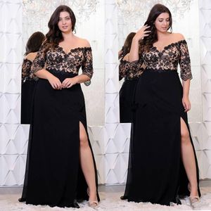 Black Lace Plus Size Prom Dresses With Half Sleeves Off The Shoulder V-Neck Split Side Evening Gowns A-Line Chiffon Formal Dress312s