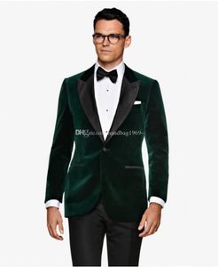 Yüksek Kaliteli Tek Düğme Koyu Yeşil Kadife Damat Smokin Tepe Yaka Groomsmen Erkek Takım Elbise Düğün / Balo / Akşam Yemeği Blazer (Ceket + Pantolon + Kravat) K386