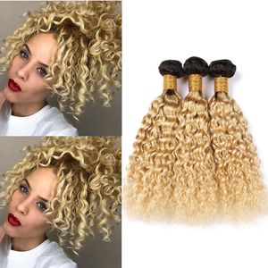 Blonde Ombre Brazylijski Mokry i Falisty Splot Human Włosów Wiązki Dark Root # 1B 613 Ombre Water Wave Virgin Hair Weft Extensions 300gram