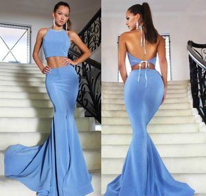 2020 Nowy Ocean Niebieski Satynowy Suknie Wieczorowe Halter Ruched Mermaid Proste Dwa kawałki Backless Formalna Prom Party Suknia Custom Made Plus Size