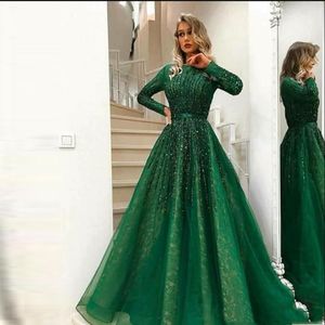 Splendidi abiti da sera in rilievo verde brillante equipaggio 2020 maniche lunghe Abiye abiti da ballo in pizzo di cristallo vintage Vestido Longo Abendkleider