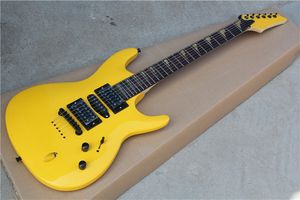 Factory Custom Yellow Electric Guitar With String-Thru-Body,Rosewood Fretboard,Black Hardware,HSH Pickups,Can be customized