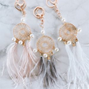 Pearl Feather Breloczek Uchwyt DreamCatcher Wisiorki Samochód Brelok Breloki Dla Dziewczyn Kobiet Torba Wiszące Moda Charm Key Pierścionki Akcesoria