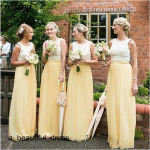 Lace Top A-Line Long Bridesmaids Klänningar Chiffon Golvlängd Vestidos de Bridesmaid Prom Party Gowns Vår Billiga Custom