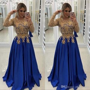 Vintage Royal Blue Long Sleeves Evening Dresses Gold Appliques Beaded Long Evening Gowns Formal Dress robes de soirée Abendkleider vestidos