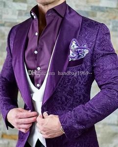 One Button Dark Purple Paisley Groom Tuxedos Shawl Lapel Groomsmen Mens Suits Wedding/Prom/Dinner Blazer (Jacket+Pants+Vest+Tie) K156