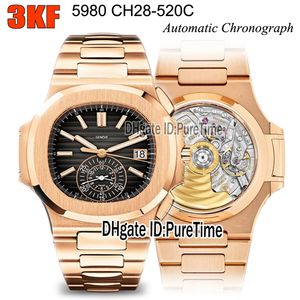 3KF 5980-1R-014 CH28-520C Cronógrafo automático Mens relógio Dial de textura preta de ouro rosa Pulseira de aço inoxidável 2021 Super Edition Relógios PureTime E5