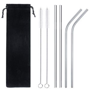 Reusable Stainless Steel Straws 4 Pieces Set With 2 Cleaning Brushes FDA approved Eco-friendly Silver Color Drinking Straws - 6mm x 8.5 inch