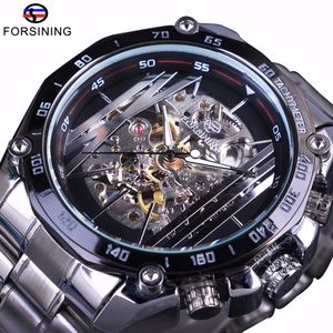 Forsining Military watch Sport Design Automatic Transparent Silver Stainless Steel Skeleton Mens Mechanical Watches Top Brand Luxury