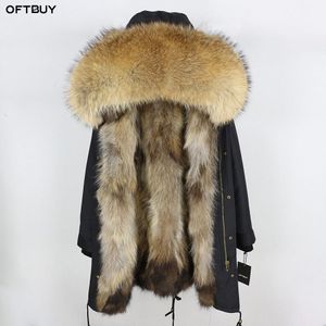 Oftbuy casaco de pele real, jaqueta de inverno feminina, parka longo, à prova d'água, grande, natural, gola de pele de guaxinim, grosso, quente, forro de pele de raposa real