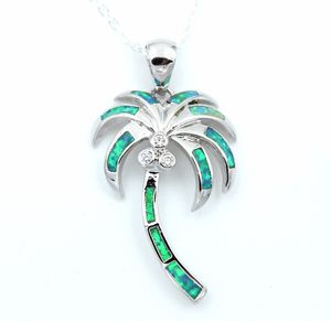 Fashion-y Blue / White Fire Opal Palm Tree Pendant Necklace for Gift