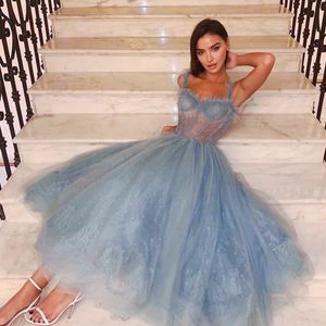 Stylish Lace Prom Dresses A Line Spaghetti Straps Neck Short Evening Gowns Tea Length Tulle Plus Size Formal Dress