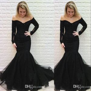 Sexy Barato Negro Sirena Vestidos de noche Desgaste del hombro Apliques de encaje Manga larga Tul Barrido Tren Sin espalda Vestidos de fiesta de graduación Vestidos