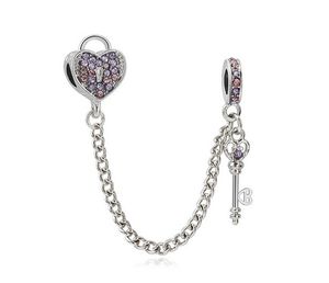 Fit Bracciale in argento sterling Cuore Locker Key Catena di sicurezza Crystal European Stopper Clip Lock Charm Si adatta ai risultati dei gioielli del braccialetto Pandora