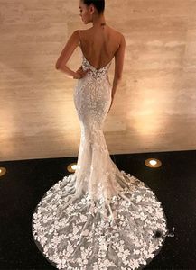 Gorgeous Open Back Spaghetti-Straps Mermaid Wedding Dresses Leaves Lace Zipper Back Fashion Bridal Wedding Gowns Illussion Top 2012941