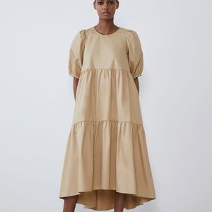 Casual Sukienki Fandy Lokar Solid O Neck Kobiety Moda Asymetryczna Dress Eleganckie Poplin Kobiece Damskie HW