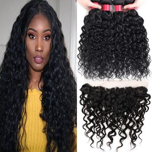 Wholesale lace frontal hair resale online - 9A Brazilian Virgin Hair Bundles With Frontal Water Wave Bundles With Ear to Ear Lace Frontal Human Hair Bundles With x4 Lace Closure