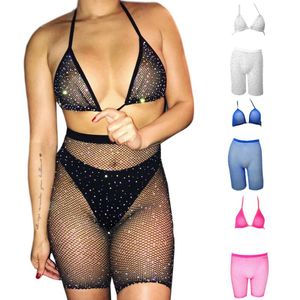 Genom Fishnet Underkläder Set Glitter Drilling Rhinestone Halter Bra Shorts Leggings Underkläder B Solid Färg Beachwear