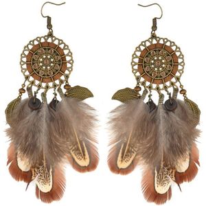 New Style Dream Catcher Vintage Big Hollow Metal Flower&Leaf Earring For Women Long Feather Tassels Earrings Jewelry