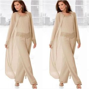 Champagne Three-Pieces Mother Suits with Long Jackets Long Sleeves Beaded Chiffon Mother's Pants Mother's Formal Wear