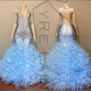 Luxury Beading Mermaid Backless Prom Klänningar Sheer Deep V Neck Sequined Evening Gowns Sweep Train Ruffles Organza Formell Dress